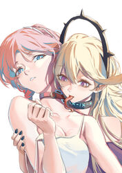  2girls absurdres arknights bare_arms bare_shoulders black_nails blonde_hair blue_eyes blue_poison_(arknights) blue_poison_(shoal_beat)_(arknights) camisole choker commentary_request cy9 hand_up highres indigo_(arknights) infection_monitor_(arknights) long_hair long_tongue looking_at_viewer multiple_girls nail_polish parted_lips pink_hair purple_eyes simple_background slit_pupils spaghetti_strap strap_slip tongue white_background yuri 