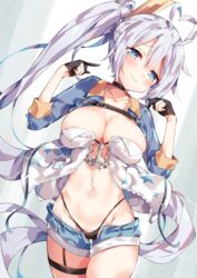  ahoge areola_slip azur_lane bikini black_choker black_gloves blue_eyes blush breasts choker cleavage clothes_pull cowboy_shot female gloves groin half_gloves heart heart-shaped_pupils heart_ahoge highleg highleg_bikini highres large_breasts long_hair looking_at_viewer navel open_fly partially_fingerless_gloves portland_(azur_lane) portland_(retrofit)_(azur_lane) short_shorts shorts shorts_pull shrug_(clothing) side_ponytail skirt smile stomach swimsuit symbol-shaped_pupils thigh_strap thong unacchi_(nyusankin) very_long_hair 