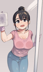  :d against_door against_glass arm_support arm_up armpit_peek bad_id bad_twitter_id bare_arms black_eyes black_hair blue_pants blunt_bangs breast_press breasts breasts_on_glass cleaning cleaning_windows cleavage collarbone covered_nipples cowboy_shot door drawstring eyes_visible_through_hair female geso_smith glass glass_door gloves grey_background hair_between_eyes hair_bun hand_on_glass hand_up highres indoors large_breasts leaning_forward legs_together looking_at_viewer looking_up mole mole_under_mouth open_mouth original pants parted_bangs pink_gloves pink_shirt rag rubber_gloves shirt short_sleeves simple_background single_hair_bun sliding_doors smile solo standing sweatpants tareme thick_eyebrows tight_clothes tight_pants window 