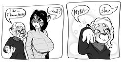  absurd_res anthro batartcave breasts claire_(batartcave) duo english_text felid female hi_res jade_(batartcave) mammal meme monochrome pantherine speech_bubble spots stripes text tiger y&#039;know_nyah 