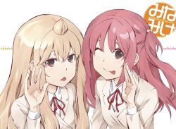  2girls ahoge blazer breasts brown_eyes collared_shirt hair_bobbles hair_ornament hand_up huge_ahoge jacket jitome long_hair long_sleeves looking_at_viewer minami-ke minami_chiaki multiple_girls official_art red_hair red_ribbon ribbon sakuraba_koharu school_uniform shirt simple_background small_breasts tongue tongue_out two_side_up uchida_yuka upper_body white_background white_shirt yellow_jacket 