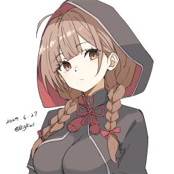  absurdres ahoge bigkwl black_capelet black_dress blush braid breasts brown_eyes brown_hair capelet dated dress female hair_ribbon highres hood hood_up hooded_capelet kantai_collection large_breasts long_hair long_sleeves looking_at_viewer red_ribbon ribbon shinshuu_maru_(kancolle) solo twin_braids twitter_username upper_body 