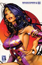  absurdres armpits breasts comic_cover female fingernails highres leotard long_fingernails long_hair looking_at_viewer official_art parted_lips purple_hair purple_leotard solo sozomaika superhero_costume voodoo_(wildc.a.t.s) wildc.a.t.s wildstorm 