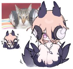  :3 :t ? alternate_breast_size animal_ears blonde_hair breasts cheek_squash cleavage don_quixote_(project_moon) e.g.o_(project_moon) feline female hair_over_one_eye headphone_cat_(meme) headphones highres huge_breasts inset kkyangsyus korean_text limbus_company meme musical_note photo_inset pink_eyes project_moon reference_inset short_hair simple_background translation_request upper_body white_background wolf_ears wolf_girl 