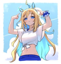  ahoge animal_ears arm_up arms_up blonde_hair blue_eyes blue_hair breasts collarbone colored_inner_hair female gaze_on_me!_outfit_(umamusume) hair_between_eyes hair_ornament highres horse_ears horse_girl katuko_deluxe long_hair looking_at_viewer midriff multicolored_hair navel neo_universe_(umamusume) official_alternate_costume pointing pointing_up shirt short_sleeves solo stomach two-tone_hair umamusume very_long_hair white_shirt 