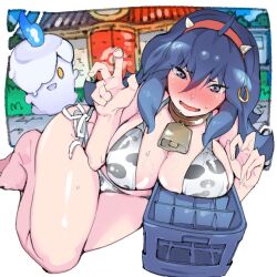  @_@ ahoge alternate_breast_size animal_print barefoot bell bikini blush breast_rest breasts choker cow_print cow_print_bikini cowbell crate curled_fingers double_v earrings fake_horns female fire hair_between_eyes hairband hex_maniac_(pokemon) hoop_earrings horns jewelry large_breasts litwick long_hair looking_at_viewer lying messy_hair neck_bell nervous_smile open_mouth pokemon pokemon_(creature) pokemon_oras pokemon_xy print_bikini red_hairband smile sweat sweatdrop swimsuit takayama_toshinori v veins veiny_breasts 