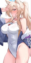  animal_ear_fluff animal_ears blonde_hair blue_archive blue_eyes blue_halo blue_jacket blush competition_swimsuit cowboy_shot dog_ears female halo highleg highleg_swimsuit highres jacket kanna_(blue_archive) kanna_(swimsuit)_(blue_archive) long_hair long_sleeves looking_at_viewer official_alternate_costume one-piece_swimsuit open_clothes open_jacket ponytail shiben_(ugvu5784) simple_background solo swimsuit valkyrie_police_academy_swimsuit white_background white_one-piece_swimsuit 