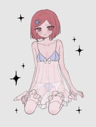  alternate_costume bare_arms bare_shoulders bikini blue_bikini blush danganronpa_(series) danganronpa_v3:_killing_harmony female flat_chest gem_hair_ornament highres lingerie looking_at_viewer navel raamensusure red_eyes red_hair short_hair solo star_(symbol) sweatdrop swept_bangs swimsuit thighhighs underwear white_thighhighs yumeno_himiko 