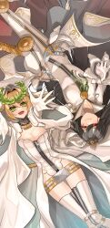  2girls ahoge belt black_hair blonde_hair breasts bridal_veil chains cleavage cosplay crest detached_sleeves family_crest fate/extra fate/grand_order fate_(series) full-length_zipper gloves green_eyes hair_between_eyes hair_intakes head_wreath highres hiyoko_no_tamago large_breasts laurel_crown leotard lock long_sleeves looking_at_viewer loose_belt multiple_girls nero_claudius_(bride)_(fate) nero_claudius_(bride)_(fate)_(cosplay) nero_claudius_(bride)_(third_ascension)_(fate) nero_claudius_(fate) oda_nobunaga_(fate) oda_nobunaga_(koha-ace) oda_uri open_mouth padlock padlocked_collar puffy_detached_sleeves puffy_sleeves red_eyes smile thighhighs tiara veil white_gloves white_leotard white_sleeves wreath zipper 