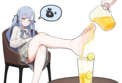  absurdres bang_dream! bang_dream!_it&#039;s_mygo!!!!! bare_legs barefoot blue_hair blush closed_mouth feet female food foot_focus fruit grey_skirt hair_ribbon highres juice lan_mao_akko lemon lemon_slice long_hair long_sleeves looking_at_viewer pouring_onto_another ribbon shirt sitting skirt solo_focus spoken_money togawa_sakiko two_side_up very_long_hair white_shirt yellow_eyes 