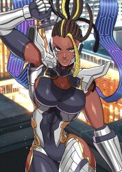  akisu_k breasts cleavage cleavage_cutout clothing_cutout commentary_request dark-skinned_female dark_skin female looking_at_viewer master_raven medium_breasts ninja sheath solo sword sword_on_back tekken tekken_7 unsheathing weapon weapon_on_back 