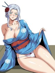  ai-assisted blue_eyes blue_kimono bow bow_panties breasts cleavage female final_fantasy final_fantasy_xiv jamjamstyle japanese_clothes kimono large_breasts panties solo underwear venat_(ff14) white_hair white_panties 