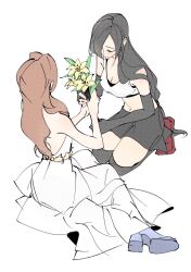  2girls aerith_gainsborough aerith_gainsborough_(white_floral_dress) bare_shoulders black_gloves black_hair black_skirt black_thighhighs boots breasts brown_hair cleavage commentary crop_top dress earrings elbow_gloves final_fantasy final_fantasy_vii final_fantasy_vii_rebirth final_fantasy_vii_remake flower full_body gloves highres holding holding_flower jewelry long_hair medium_breasts mianmian741 midriff multiple_girls red_footwear seiza single_earring sitting skirt symbol-only_commentary tank_top thighhighs tifa_lockhart white_background white_dress white_tank_top yellow_flower yokozuwari zettai_ryouiki 