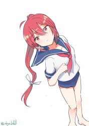  absurdres ahoge barefoot blue_one-piece_swimsuit blue_sailor_collar feet_out_of_frame female from_above hair_ribbon highres i-168_(kancolle) kantai_collection long_hair neckerchief one-hour_drawing_challenge one-piece_swimsuit ponytail red_eyes red_hair red_neckerchief ribbon robinson_(day_l_full) sailor_collar sailor_shirt school_swimsuit school_uniform serafuku shirt short_sleeves simple_background solo swimsuit white_background white_shirt 