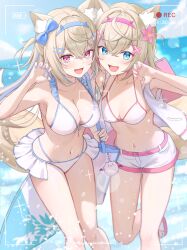  2girls absurdres animal_ear_fluff animal_ears bag beach bikini blonde_hair blue_bow blue_eyes blue_nails bow breasts cloud collarbone crossed_bangs dog_ears dog_girl flower fuwawa_abyssgard hair_flower hair_ornament hairbow hairclip highres holding holding_bag hololive hololive_english jacket large_breasts medium_breasts midriff mococo_abyssgard multicolored_hair multiple_girls navel ocean open_clothes open_jacket open_mouth perroccino_(fuwamoco) pink_eyes pink_flower pink_footwear pink_nails recording sandals shorts siblings sisters sky smile streaked_hair surfboard swimsuit tokisaka_makoto twins virtual_youtuber white_bikini white_jacket white_shorts 