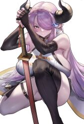  absurdres asymmetrical_legwear bare_shoulders blue_eyes breasts female fingerless_gloves gloves granblue_fantasy hair_over_one_eye highres horns huge_breasts jihua_tong large_breasts long_hair narmaya_(granblue_fantasy) pink_hair pointy_ears solo thigh_strap thighs very_long_hair white_background 