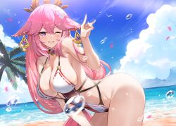  absurdres alternate_costume animal_ears beach bent_over blue_sky breasts cloud covered_navel day falling_petals female floppy_ears flower fox_ears fox_shadow_puppet from_side genshin_impact grin hair_flower hair_ornament highres large_breasts long_hair looking_at_viewer ocean one-piece_swimsuit one_eye_closed outdoors petals pink_hair sideboob sky smile solo strap_gap swimsuit very_long_hair water xin_(zinc) yae_miko 