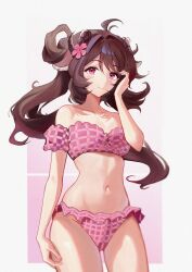  absurdres animal_ears arknights bare_shoulders bikini blush breasts brown_hair cowboy_shot eyjafjalla_(arknights) eyjafjalla_(summer_flower)_(arknights) female flower goat_ears goat_horns hair_flower hair_ornament highres horns long_hair looking_at_viewer minami_(minamijkol) navel off-shoulder_bikini off_shoulder official_alternate_costume pink_bikini pink_eyes pink_flower plaid_bikini plaid_clothes sheep_ears sheep_girl sheep_horns solo standing swimsuit 