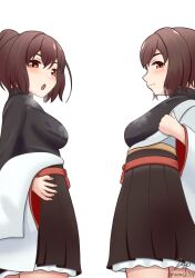  black_shirt breasts brown_hair brown_hakama cowboy_shot hakama hakama_skirt highres hyuuga_(kancolle) hyuuga_kai_ni_(kancolle) ise_(kancolle) ise_kai_ni_(kancolle) japanese_clothes kantai_collection medium_breasts miniskirt nanasp_7sp open_mouth ponytail red_eyes shirt short_hair simple_background skirt undershirt undressing white_background 