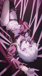  absurdres bright_pupils chest_bow choker female gloves hair_between_eyes hair_intakes hand_on_own_face highres honkai_(series) honkai_impact_3rd hyume_26 long_hair navel open_mouth pink_eyes red_shirt shirt teeth thelema_(honkai_impact) white_hair white_pupils 