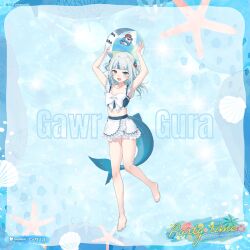  ball barefoot beachball bikini bloop_(gawr_gura) blue_eyes blue_hair breasts female fins fish_tail gawr_gura grey_hair hair_ornament highres hololive hololive_english looking_at_viewer multicolored_hair official_alternate_costume official_art open_mouth shark_girl shark_tail sharp_teeth small_breasts smile solo streaked_hair swimsuit tail teeth virtual_youtuber 