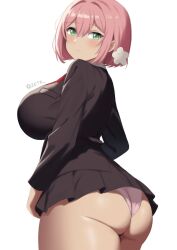  artist_name ass black_jacket black_skirt blush breasts closed_mouth commentary english_commentary expressionless female flower green_eyes hair_between_eyes hair_flower hair_ornament hanazono_hakari highres huge_breasts jacket jersey kimi_no_koto_ga_dai_dai_dai_dai_daisuki_na_100-nin_no_kanojo long_sleeves medium_hair mole mole_on_thigh panties pantyshot pink_hair pink_panties pleated_skirt simple_background skirt solo thighs twitter_username underwear white_background white_flower zetyi 