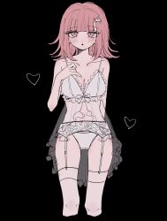  :o bare_arms bare_shoulders black_background blush breasts cleavage collarbone cropped_legs danganronpa_(series) danganronpa_2:_goodbye_despair female galaga garter_belt hair_ornament hand_up heart highres lingerie medium_hair nanami_chiaki panties pink_eyes raamensusure simple_background solo thighhighs underwear white_panties white_thighhighs 