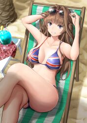  arms_up beach beach_chair bikini breasts brown_hair crossed_legs cup drink drinking_straw eyewear_on_head female flag_print hair_intakes kantai_collection kasu_(kasunohikari) kongou_(kancolle) large_breasts lying on_back parted_lips print_bikini purple_eyes sand solo sunglasses swimsuit thighs union_jack union_jack_bikini 