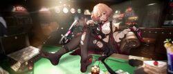  absurdres alcohol bandaged_arm bandages banknote bar_(place) bar_stool billiards breasts brick_wall briefcase brown_hair brown_pantyhose cake cake_slice candy cherry closed_mouth crossbow crossed_legs dollar_bill female food fruit grey_eyes highres holding holding_knife honkai_(series) honkai_impact_3rd indoors jacket knife lantern_(honkai_impact) large_breasts lollipop looking_at_viewer money no_shoes pantyhose photo_(object) sarashi short_hair siroka_(pixiv_85883239) sitting slot_machine soles solo stool table toes torn_clothes torn_pantyhose weapon whiskey white_jacket 