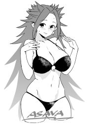  artist_name asava_(hutaitenn) bikini breasts cleavage cowboy_shot cropped_legs female forehead highres jun&#039;you_(kancolle) kantai_collection large_breasts magatama monochrome navel parted_bangs simple_background solo spiked_hair standing swimsuit 