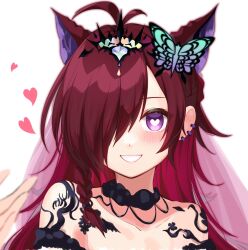  aisu_(i_ce_pinon_pino) animal_ears antenna_hair bare_shoulders black_choker blush bright_pupils choker female heart heart-shaped_pupils highres off-shoulder_shirt off_shoulder portrait purple_eyes puzzle_&amp;_dragons red_hair roche_(p&amp;d) shirt simple_background solo symbol-shaped_pupils white_background white_pupils 