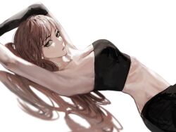  arched_back armpits arms_up bare_shoulders black_pants breasts brown_eyes brown_hair choppy_bangs cleavage collarbone detached_sleeves female highres ieiri_shoko jujutsu_kaisen lips long_hair looking_at_viewer lying medium_breasts mole mole_under_eye narrow_waist on_back out_of_frame pants raberu_ruru ribs serious simple_background solo stomach strapless upper_body very_long_hair white_background 