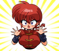  :d arms_up belt black_belt blue_eyes blush braid braided_ponytail breasts chinese_clothes emphasis_lines excited eyeshadow female genderswap_(mtf) happy large_breasts looking_at_viewer makeup open_mouth purple_eyeshadow raised_eyebrows ranma-chan ranma_1/2 red_hair rule_63 saotome_ranma signature smile spread_fingers tangzhuang two-tone_background upper_body wanta_(futoshi) wrist_cuffs 