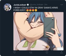  1boy :d absurdres blue_hair breasts character_name english_text fairy_tail female flexing_around_head_(meme) fur_bracelet gray_fullbuster grey_background happy heart highres holding holding_phone joshdinobarney juvia_lockser large_breasts long_hair long_sleeves meme muscular muscular_male phone selfie simple_background smile twitter twitter_screenshot twitter_username upper_body 