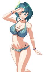  aizawa_kazuha arm_at_side arm_up assault_lily asymmetrical_hair bare_arms bare_shoulders bikini blue_bikini blue_eyes blue_hair blush bracelet breasts cleavage collarbone commentary cross-laced_bikini cross-laced_clothes feet_out_of_frame female floral_print front-tie_bikini_top front-tie_top hair_ribbon halterneck hand_on_own_forehead ishitsuma_canon jewelry large_breasts layered_bikini leg_up looking_at_viewer medium_hair multi-strapped_bikini_bottom navel official_alternate_costume one_eye_closed open_mouth print_bikini ribbon simple_background smile solo standing standing_on_one_leg stomach sweatdrop swimsuit white_background yellow_ribbon 