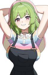  absurdres arms_behind_head arms_up blush braid breasts choker daydarion female green_hair grin hat highres ichika_maia indie_virtual_youtuber lace lace_choker large_breasts long_hair looking_at_viewer overalls pink_eyes shirt simple_background smile solo striped_clothes striped_shirt virtual_youtuber white_background 