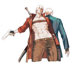  2boys abs absurdres belt_bra black_gloves brothers coat cowboy_shot dante_(devil_may_cry) devil_may_cry_(series) devil_may_cry_3 ebony_&amp;_ivory fingerless_gloves gloves gun highres holding multiple_boys muscular muscular_male red_coat siblings vergil_(devil_may_cry) vetania weapon white_hair 