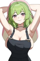  absurdres armpits arms_behind_head arms_up blush braid breasts choker cleavage daydarion female green_hair hat highres ichika_maia indie_virtual_youtuber lace lace_choker large_breasts long_hair looking_at_viewer naked_overalls overalls pink_eyes simple_background smile solo virtual_youtuber white_background 