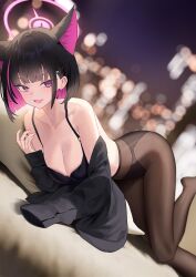  :d animal_ears black_bra black_hair black_panties black_shirt blue_archive blurry blurry_background bra breasts brown_pantyhose cat_ears cirilla_lin cleavage collarbone colored_inner_hair female hair_ornament hairclip halo highres kazusa_(blue_archive) large_breasts looking_at_viewer multicolored_hair oerba_yun_fang off_shoulder open_mouth panties panties_under_pantyhose pantyhose pink_hair pink_nails shirt short_hair smile solo two-tone_hair underwear undressing 