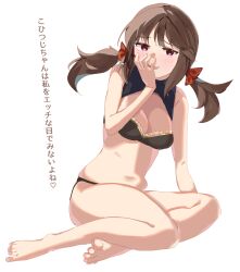  barefoot black_bra blush bra breasts brown_hair cleavage falcon_(girls&#039;_frontline) female full_body girls&#039;_frontline hair_ribbon hand_on_own_face highres mashibon red_eyes ribbon sitting solo twintails underwear underwear_only white_background yokozuwari 