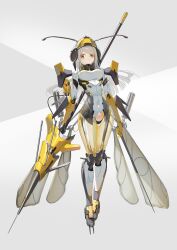  breasts brown_eyes closed_mouth commentary_request fake_antennae female full_body grey_background grey_hair grey_wings highres holding holding_polearm holding_weapon insect_wings lance leotard long_hair looking_at_viewer mecha_musume medium_breasts natori_youkai original polearm see-through smile solo swept_bangs very_long_hair weapon white_leotard wings 