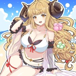  anila_(granblue_fantasy) anila_(summer)_(granblue_fantasy) belly_chain bikini breasts commentary_request curled_horns daiichi_(1279220) draph female granblue_fantasy highres hikimayu horns jewelry large_breasts layered_bikini leg_ribbon official_alternate_costume ribbon ribbon-trimmed_bikini sheep_horns short_eyebrows solo swimsuit thick_eyebrows thigh_ribbon white_bikini 