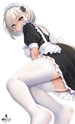  apron artist_logo black_dress breasts closed_mouth dress eyes_visible_through_hair female frilled_apron frills garter_straps grey_eyes grey_hair hair_ornament highres infinote large_breasts lips looking_at_viewer maid maid_apron maid_headdress no_shoes original puffy_short_sleeves puffy_sleeves sashou_mihiro_(infinote) short_hair short_sleeves signature simple_background smile solo thighhighs white_apron white_background white_garter_straps white_thighhighs 