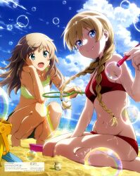  2girls :d absurdres ass bare_arms bare_legs beach bikini blonde_hair blowing_bubbles blue_eyes blue_sky braid breasts brown_hair bubble bucket cloud day green_bikini hair_between_eyes highres kawata_kazuki long_hair looking_at_viewer luminous_witches lyudmila_andreyevna_ruslanova magazine_scan mc_axis multiple_girls navel ocean official_art open_mouth outdoors red_bikini scan sideboob sitting sky small_breasts smile squatting swimsuit thighs twin_braids virginia_robertson wariza wet world_witches_series 