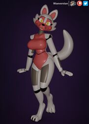  3_toes 3d_(artwork) animatronic anthro blender_(artwork) breasts canid canine digital_media_(artwork) eyelashes feet female five_nights_at_freddy&#039;s five_nights_at_freddy&#039;s_2 flapcats foxy_(fnaf) funtime_foxy_(fnaf) happy hi_res looking_at_viewer machine mammal mtf_crossgender paws pink_body pink_breasts purple_background robot robot_anthro rule_63 scottgames simple_background solo tail toes white_body white_tail 