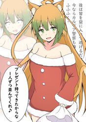  absurdres ahoge animal_ears atalanta_(fate) bare_shoulders blonde_hair braid breasts cat_ears cat_tail cleavage commentary_request detached_sleeves dress fate/apocrypha fate/grand_order fate_(series) feline female green_eyes green_hair hair_between_eyes highres large_breasts long_hair looking_at_viewer mitchi multicolored_hair multiple_views oerba_yun_fang red_sleeves santa_dress skin_fang smile tail translation_request two-tone_hair zoom_layer 