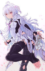  absurdres ahoge ass batatata77 black_gloves black_pants breasts fate/grand_order fate/prototype fate_(series) feet female fingerless_gloves foot_out_of_frame gloves high_heels highres holding holding_staff legs long_hair long_sleeves looking_at_viewer looking_back medium_breasts merlin_(fate/prototype) no_shoes pants petals purple_eyes robe smile soles solo staff thighs toes very_long_hair white_hair white_robe wide_sleeves 