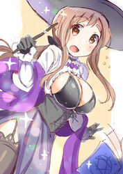  bat_(animal) bat_ornament black_bra black_gloves blush book bra breasts brown_eyes brown_hair choker cleavage commentary_request female frilled_sleeves frills garter_straps gloves hand_up hat large_breasts lens_flare long_hair long_sleeves matsumoto_yoriko open_mouth simple_background skirt solo sparkle standing sweat tatsunokosso thick_eyebrows thighhighs underwear wand witch witch_hat yellow_background yuyushiki 