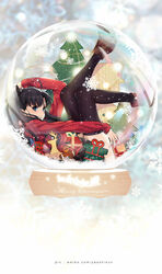  ahoge ankle_boots arm_up black_bow black_hair black_skirt blue_eyes blurry blurry_background boots bow box breasts brown_footwear christmas_tree closed_mouth commentary depth_of_field encasement fate/stay_night fate_(series) female from_side gift gift_box gingerbread_man hairbow highres in_container legs_up long_hair long_sleeves looking_at_viewer looking_to_the_side lying medium_breasts miniskirt on_back pleated_skirt red_sweater skirt smile snow_globe snowflakes solo sweater symbol-only_commentary thighhighs tohsaka_rin two_side_up very_long_hair yaoshi_jun 