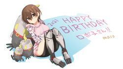  android breasts brown_hair female hair_behind_ear happy_birthday head_tilt highres hololive hood hoodie light_blush looking_at_viewer maco_(yamamac) mechanical_legs medium_breasts official_alternate_costume pink_hoodie roboco-san roboco-san_(hoodie) robosaa_(roboco) robot smile solo_focus virtual_youtuber 